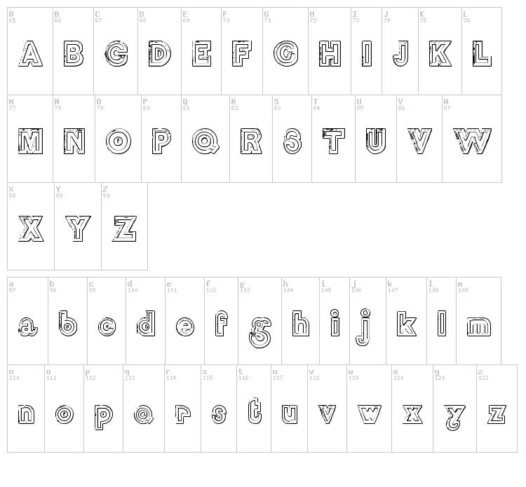 DelamotteLargeRelief Beveled font map
